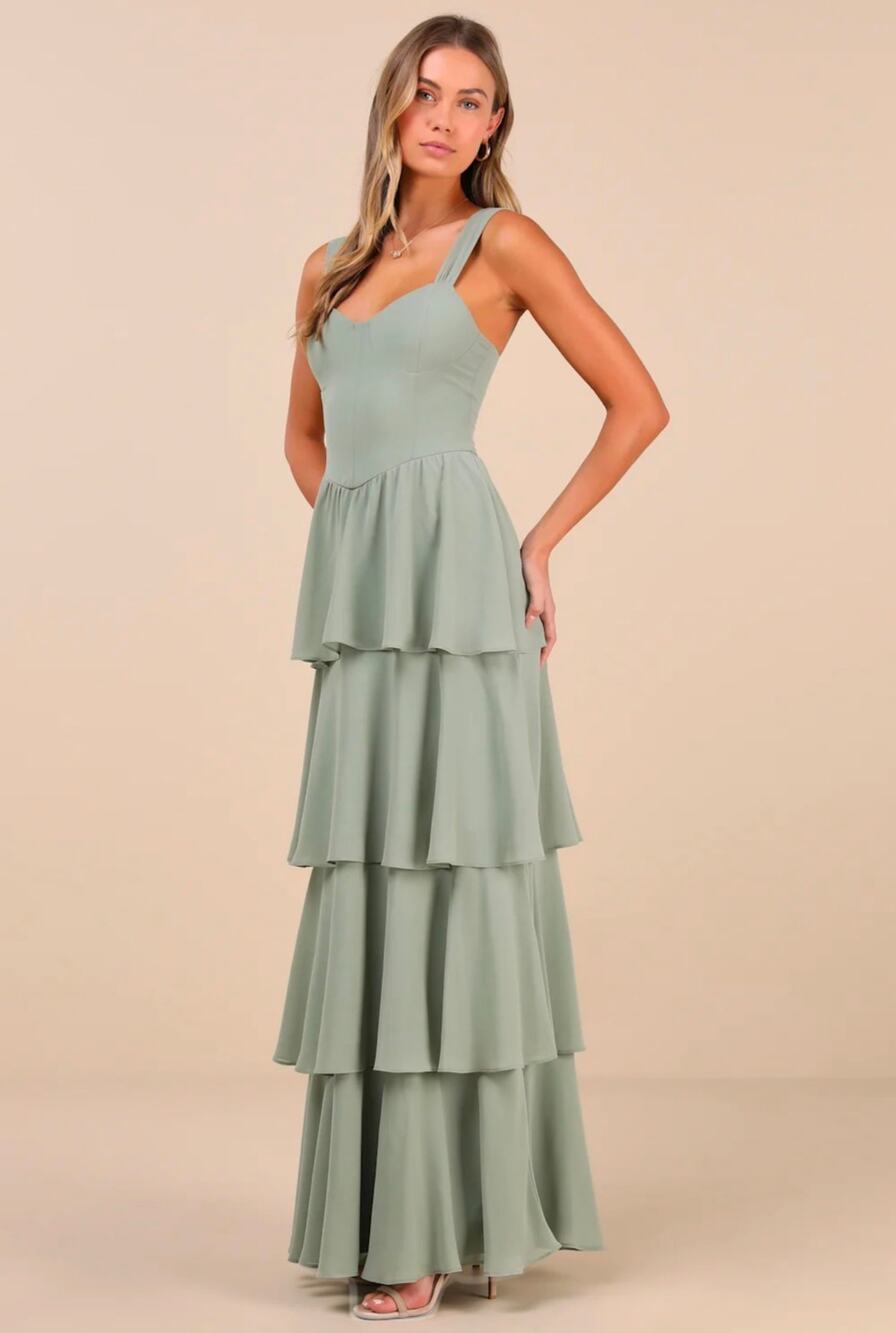 Lulus Carlynda Sage Brush Tiered Bustier Maxi Dress XL